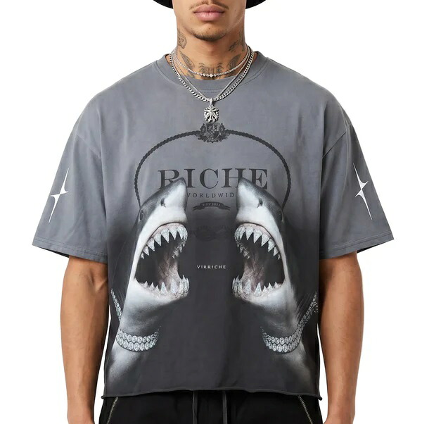 VIE RICHE GRILLED SHARK ショート丈 Tシャツ ヴィンテージ加工 ストーン付/VR2007/S/M/L/XL/2XL/3XL/USサイズ/HIPHOP/B系/BK87｜ＤＲ．ＪＡＫ