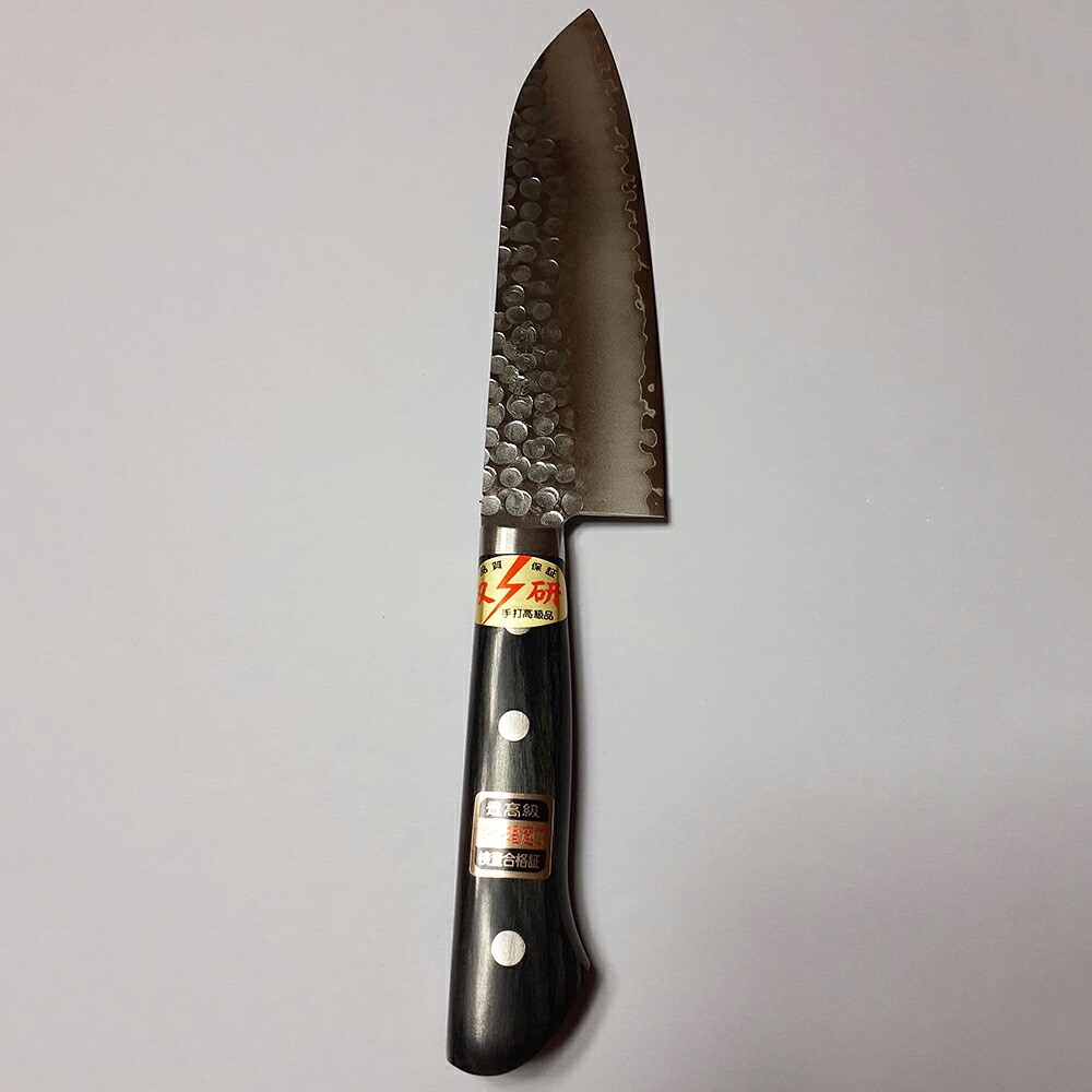 【代引き不可・送料無料】 仁村金物店 　手打　最高級　槌目・刃文　三徳包丁（ステンレスに割込、鋼（ハガネ）付き）万能［両刃165mm］1本【箱付】＜美しく使っていて満足＞【名入れ無料サービス対象商品(要4-5日)】【直】