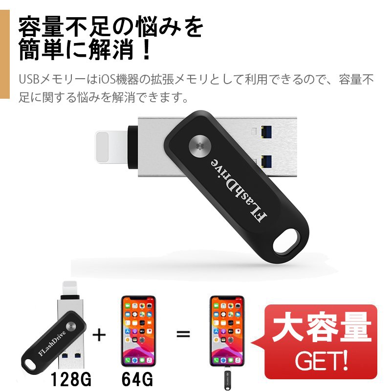 IPhone USBメモリ 128GB apple iPad USBメモリ USBメモリ 360度回転式 iPhone 外付フラッシュメモリ ios16対応  PC用 外付けドライブ・ストレージ