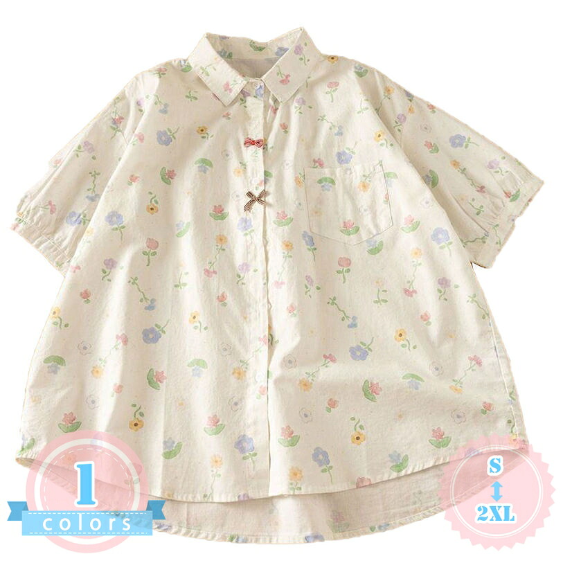 シャツ レディース 半袖 花柄 ゆったり トップス 総柄 ブラウス 小花柄 レトロ ヴィンテージ風 着痩せ 体型カバー 襟付き 前開き 軽い 柔らかい 爽やか カジュアル ナチュラル 春 夏 秋 ds-store｜DSショップ