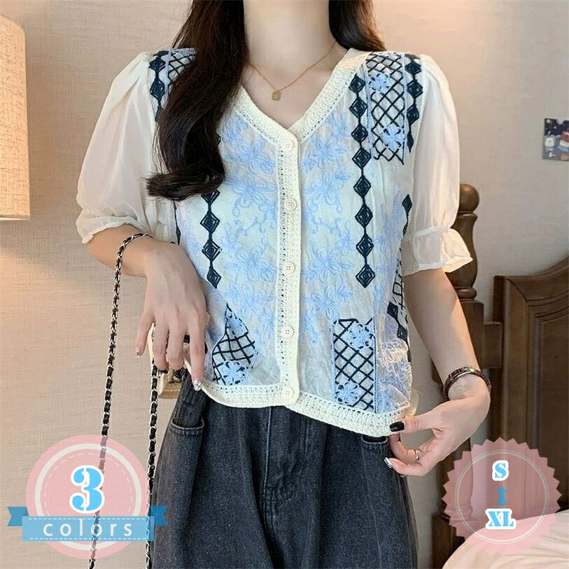 シャツ レディース 半袖 着痩せ 体型カバー フェイクレイヤード トップス レース 刺繍 フレンチ スリーブ クロシェ パフスリーブ 大人可愛い フェミニン ゆったり 大きいサイズ きれいめ ds-store｜DSショップ