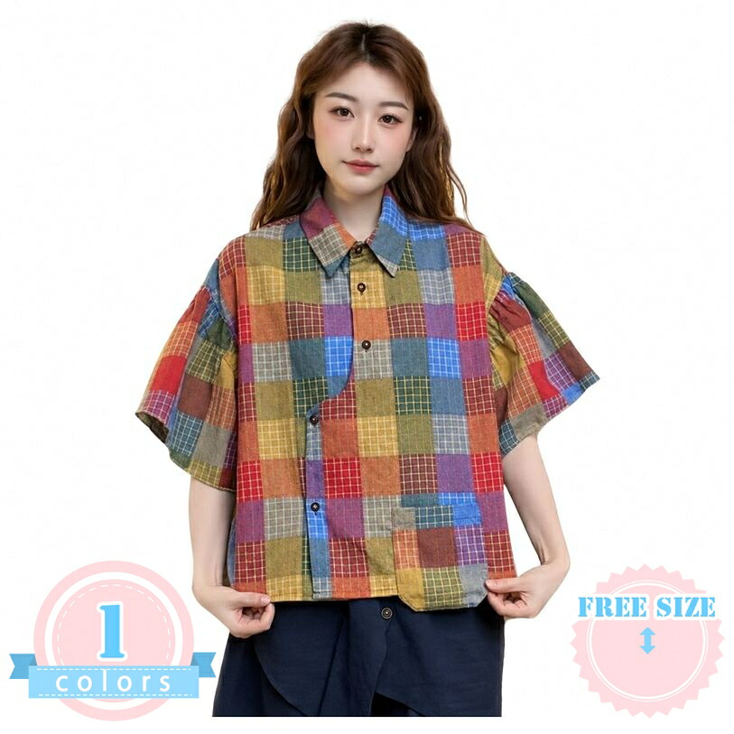 ブラウス レディース 半袖 チェック柄 着痩せ 体型カバー シャツ トップス ゆったり 夏服 襟付き カジュアル おしゃれ 総柄 レトロ ヴィンテージ風 前開き 大きいサイズ かわいい お出かけ デイリー 20代 40代 ds-store|DSショップ