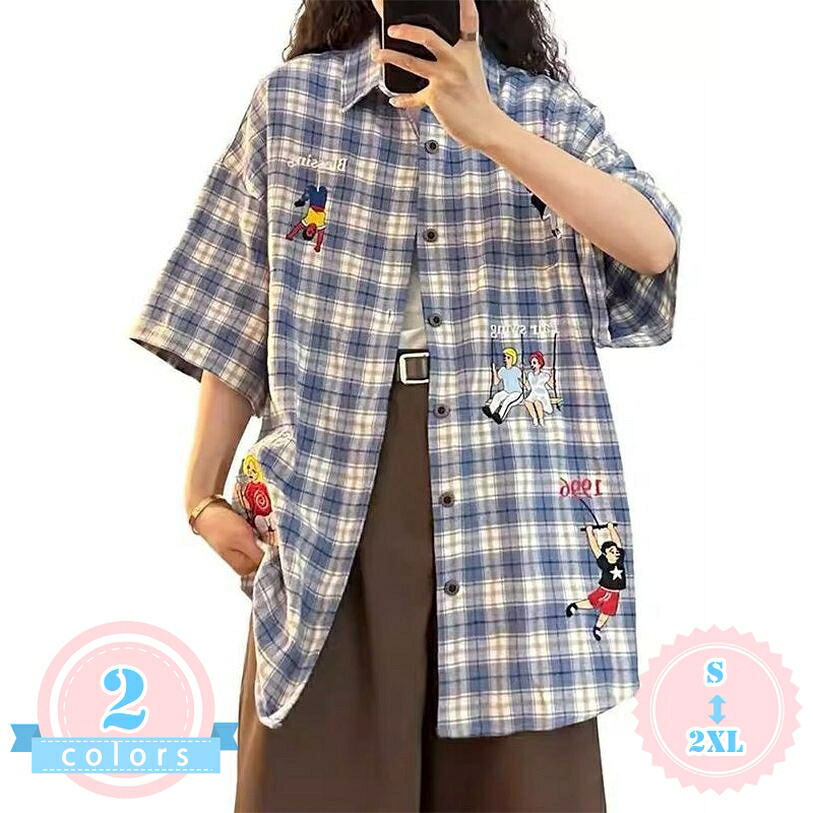 チェックシャツ レディース 半袖 刺繍 ブラウス ゆったり 体型カバー 襟付き シャツ トップス 夏服 カジュアル レトロ風 大きいサイズ 夏 お出かけ 通学 デート ds-store｜DSショップ