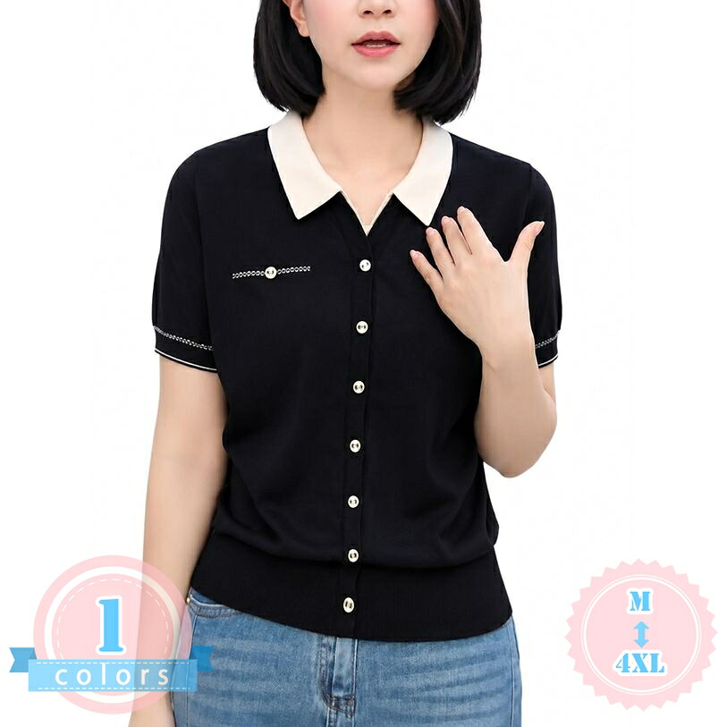 半袖 ポロニット レディース ニットブラウス 春夏 きれいめ 大人可愛い トップス 着痩せ ゆったり 通勤 お出かけ ds-store|DSショップ