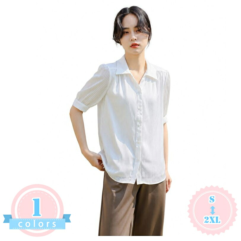 シャツ レディース 半袖 ブラウス 襟付き きれいめ 無地 トップス 夏服 オフィス 通勤 事務服 着痩せ 体型カバー おしゃれ 大人 可愛い ゆったりサイズ カジュアル フェミニン 涼感 しっとり 縦縞 ストライプ ds-store|DSショップ