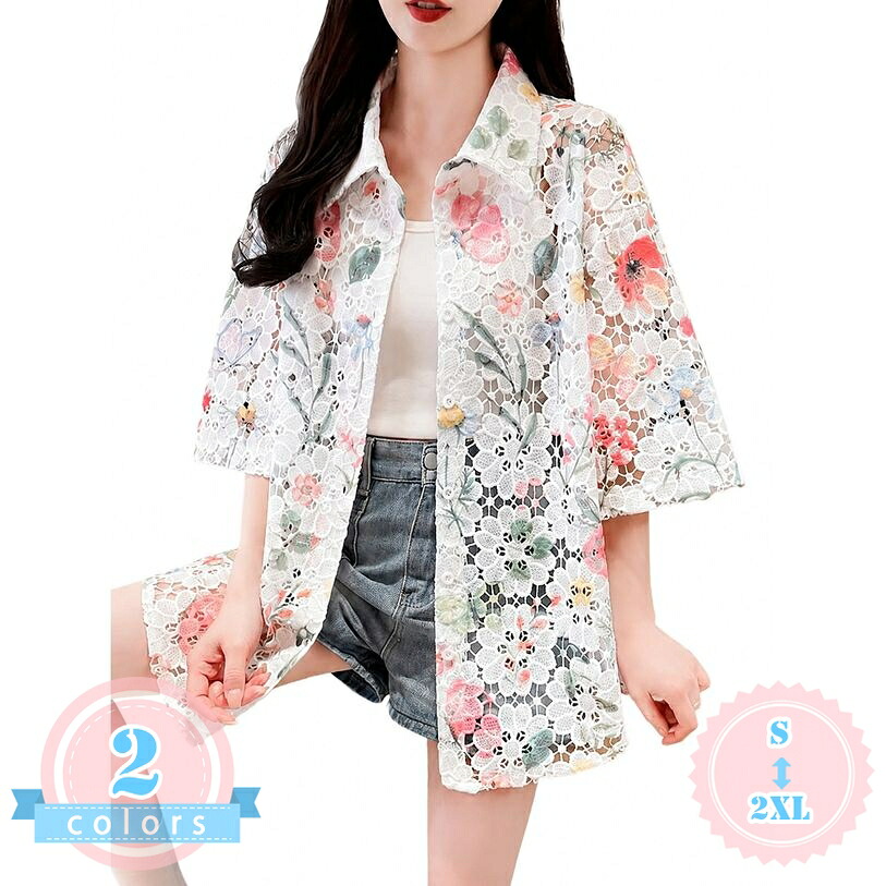 ブラウス レディース 五分袖 レース 体型カバー ゆったり シャツ 花柄 レトロ 大人可愛い カジュアル 夏 春 トップス 大きいサイズ きれいめ シアー 透け感 涼しい 20代 30代 40代 50代 お洒落 華やか ds-store|DSショップ