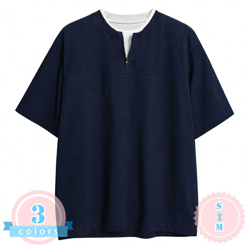 Tシャツ メンズ 体型カバー ハーフジップ 半袖 切り替え フェイクレイヤード 重ね着風 首元 レイヤード風 トップス カジュアル カットソー ゆったりサイズ オーバーサイズ サマーニット 通気性 夏 ds-store|DSショップ