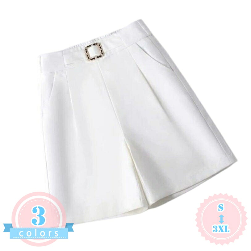 レディース ショートパンツ 体型カバー ワイド キュロットパンツ タック 美脚 短パン 膝上 動きやすい 後ろゴム バックルデザイン 無地 ボトムス カジュアル きれいめ オフィス 通勤 通学 春 夏 大きいサイズ ds-store|DSショップ