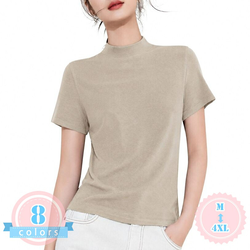 プチハイネック Tシャツ レディース 半袖 体型カバー スリム フィット プルオーバー 無地 カットソー モックネック カジュアル インナーシャツ 大きいサイズ ゆったり ds-store｜DSショップ