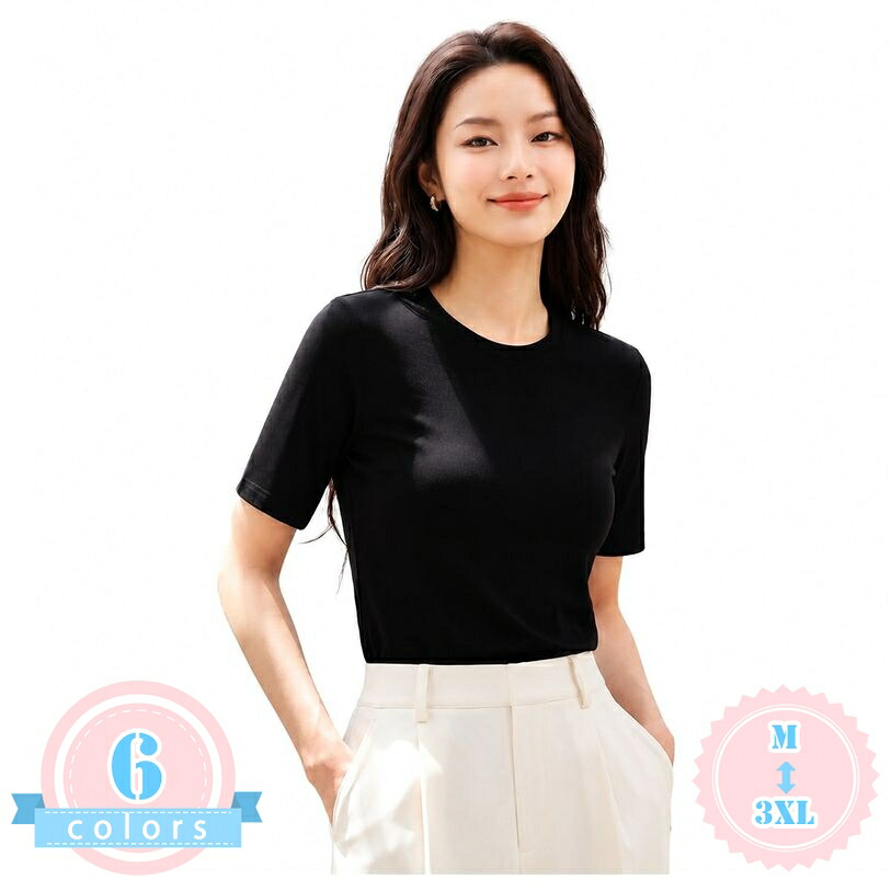 着痩せ カットソー レディース Tシャツ 半袖 クルーネック 無地 薄手 トップス インナー 春 夏 秋 シンプル 丸首 ゆったり 3分袖 オフィス カジュアル 通勤 通学 お出かけ 大人 可愛い ds-store｜DSショップ