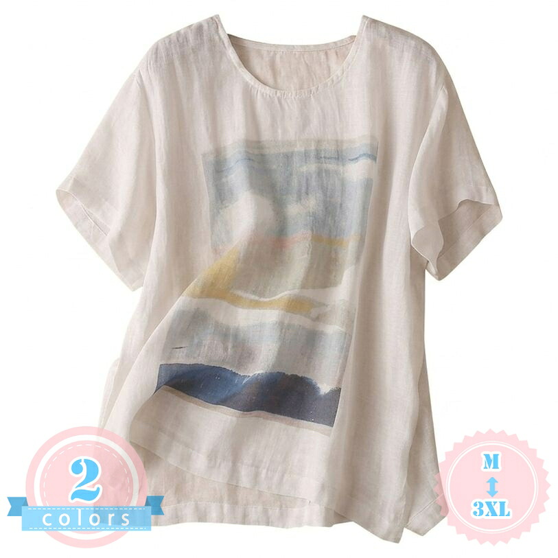 Tシャツ レディース 半袖 着痩せ ゆったり カットソー 薄手 レトロ風 絵画 プリント トップス 丸首 カジュアルシャツ 体型カバー 大きいサイズ お出かけ 通学 デイリー ds-store|DSショップ