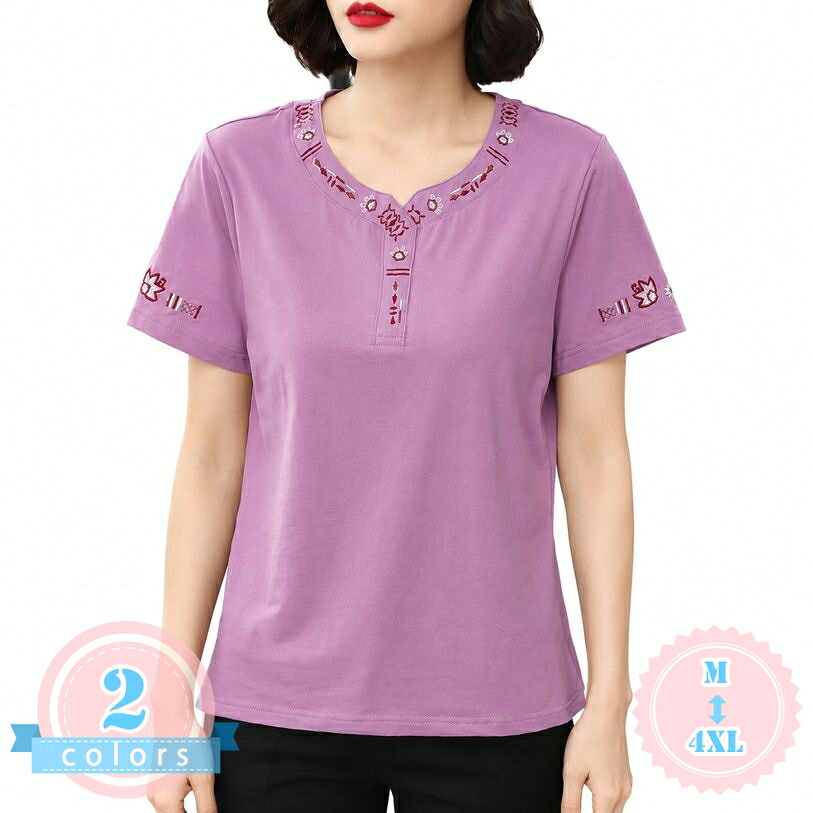 tシャツ レディース 半袖 キーネック 刺繍 カットソー カジュアル プルオーバー ゆったり 体型カバー 着痩せ 細見え 民族風 レトロ トップス 普段着 お出かけ 大きいサイズ ds-store｜DSショップ