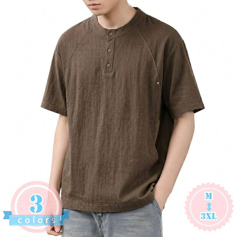 メンズ 半袖Tシャツ ゆったり 体型カバー カットソー ヘンリーネック シンプル プルオーバー 無地 カジュアルシャツ 春 夏 紳士服 大きいサイズ レトロ ファッション デイリー ds-store｜DSショップ
