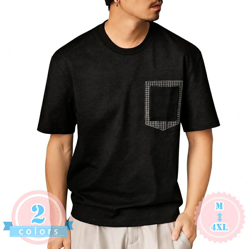 tシャツ メンズ 半袖 ゆったり シルエット 丸首 トップス 胸ポケット チェック柄 デザイン カットソー カジュアルウエア レトロ風 デイリーユース 普段着 部屋着 大きいサイズ 春 夏 ds-store｜DSショップ