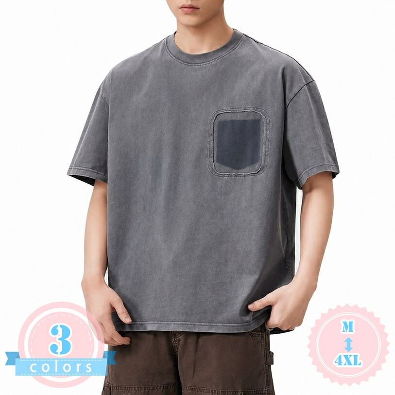 アメカジ Tシャツ メンズ 半袖 ビッグシルエット 体型カバー ポケットTシャツ クルーネック カットソー 夏用 ワークスタイル インナー レトロ ルーズ 無地 インナーウエア ds-store｜DSショップ