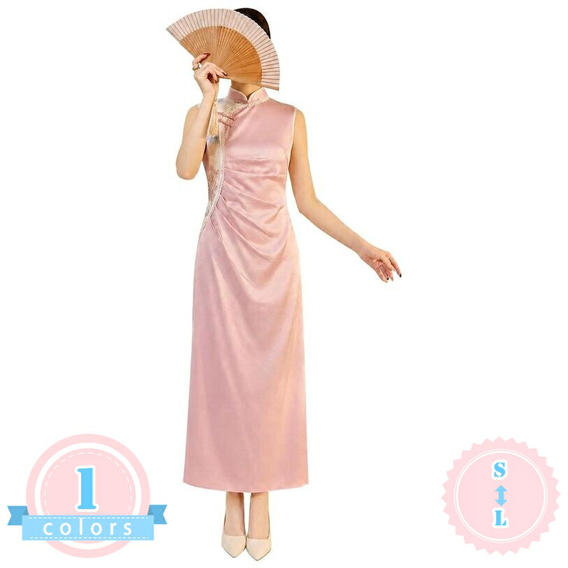 着痩せ チャイナ風 ワンピース 体型カバー レトロ チャイナドレス スリット シャーリング 美シルエット スリム きれいめ 上品 お出かけ デート 旅行 普段着 フェミニン 大きいサイズ ds-store|DSショップ