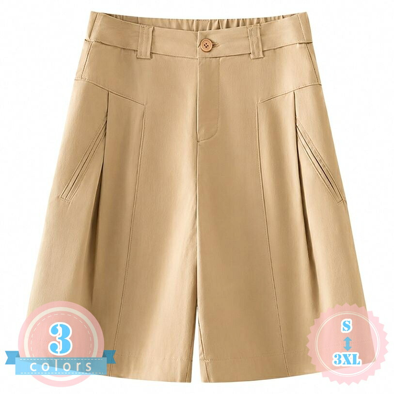 ショートパンツ レディース 着痩せ ハイウエスト ワイドパンツ ハーフ タック入り 美脚 膝上 フライフロント ポケット付き 通学 通勤 オフィス デイリー 大きいサイズ ds-store｜DSショップ