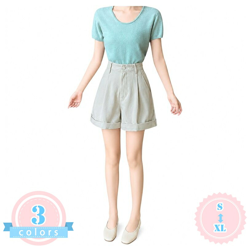 ハーフパンツ レディース 着痩せ 体型カバー ハイウエスト ショートパンツ ワイド タック入り 裾ロールアップ ボトムス 動きやすい ゆったりサイズ 日常 デイリー ds-store｜DSショップ