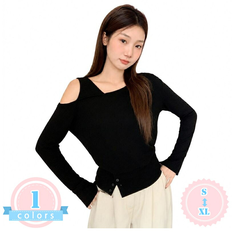 Tシャツ レディース 長袖 体型カバー トップス 斜めネック 肩出し 変形ヘム アシメデザイン カットソー おしゃれ インナー 細見え デイリー デート 通勤 通学 秋物 スタイルアップ ゆったりサイズ ds-store|DSショップ