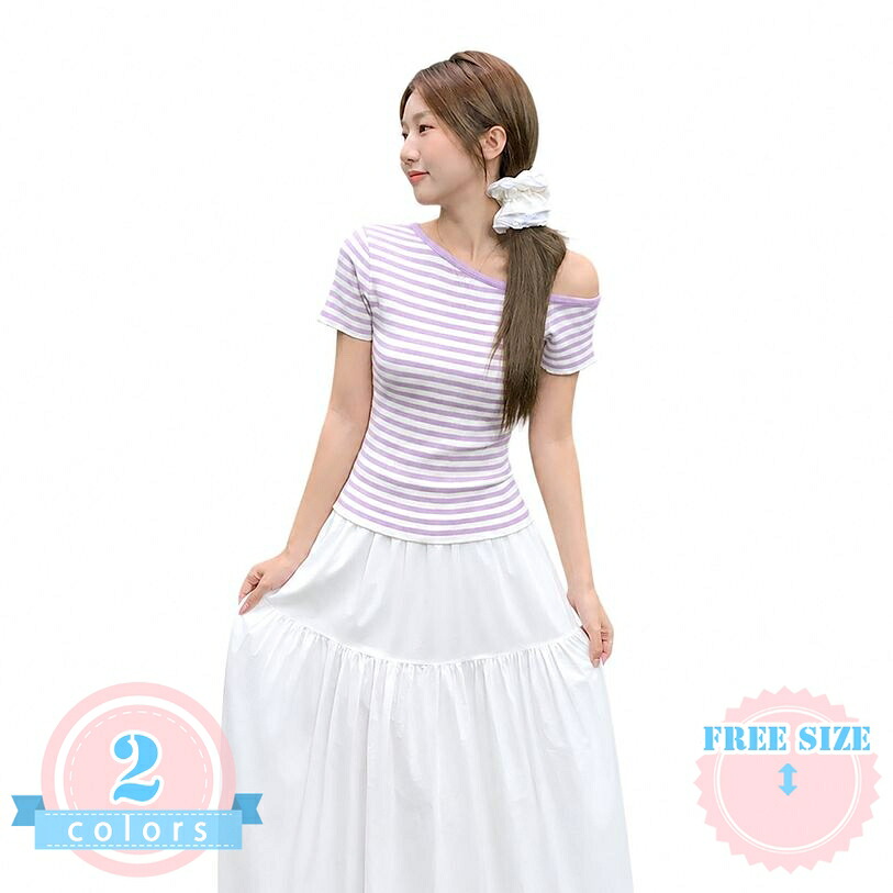ボーダー Tシャツ レディース 半袖 ワンショルダー ニット トップス アシンメトリー オフショルダー 体型カバー 細見え スリム 夏 カジュアル フェミニン デート お出かけ 大人 コーデ ds-store|DSショップ