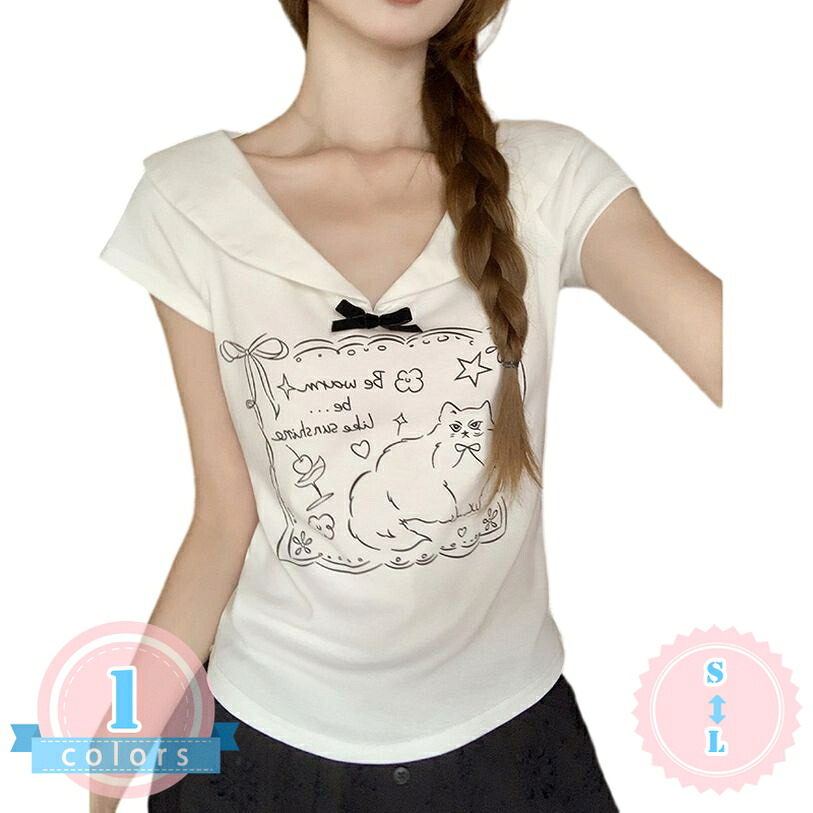 カットソー レディース 体型カバー 半袖 Tシャツ 猫柄 セーラー襟 リボン付き スリムフィット 韓国風 ファッション 通学 通勤 デート お出かけ トップス 大きいサイズ 清楚系 フェミニン ds-store|DSショップ