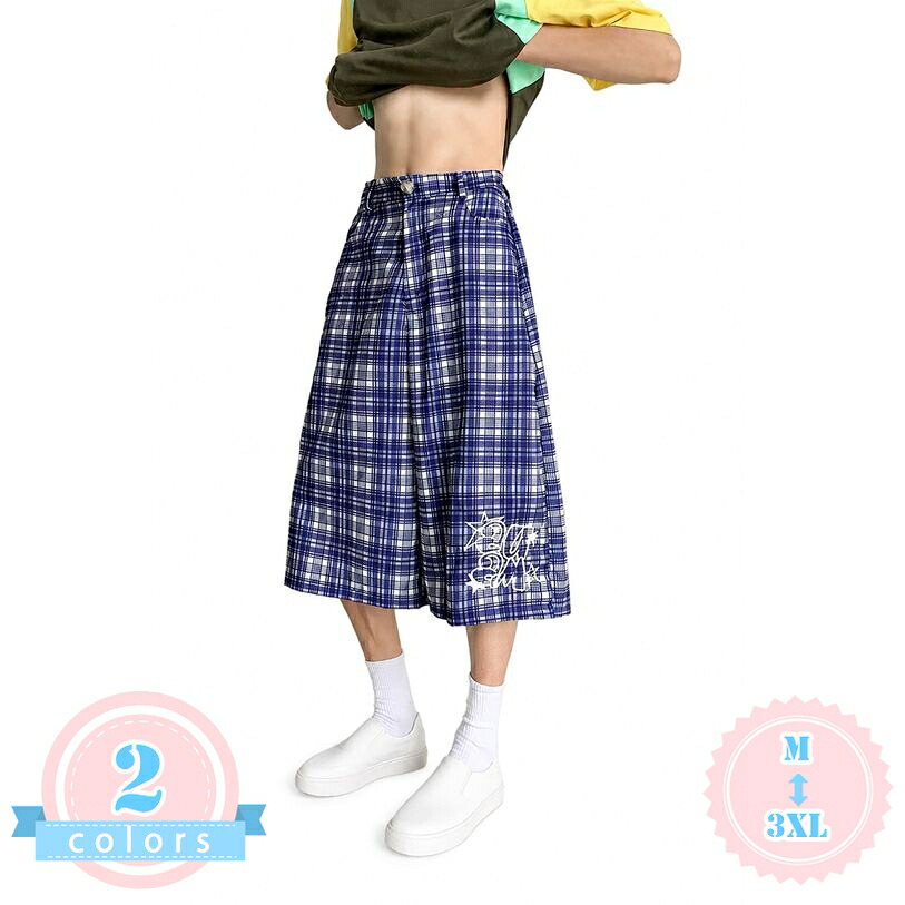 ワイドパンツ メンズ 七分丈 チェック柄 ズボン ゆったり おしゃれ ストリート系 カジュアル 春夏秋 ボトムス ds-store｜DSショップ