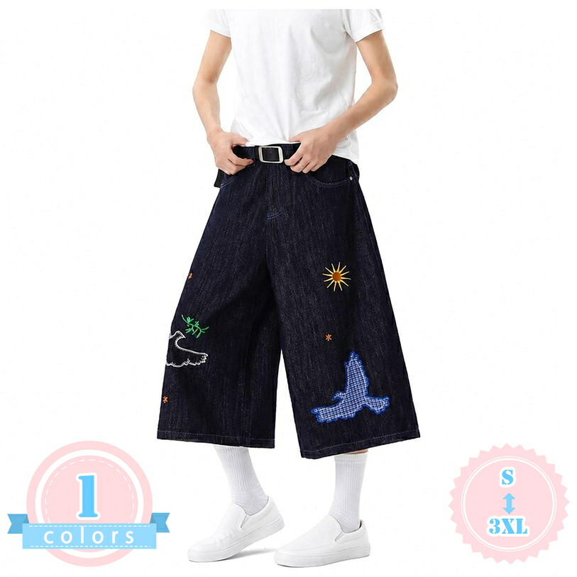 ワイドパンツ デニム メンズ 7分丈 ズ 刺繍 クロップドパンツ ワーク サルエル ジーパン ゆったり 大きいサイズ 太め ヒップホップ ストリート カジュアル 快適 夏 ds-store|DSショップ