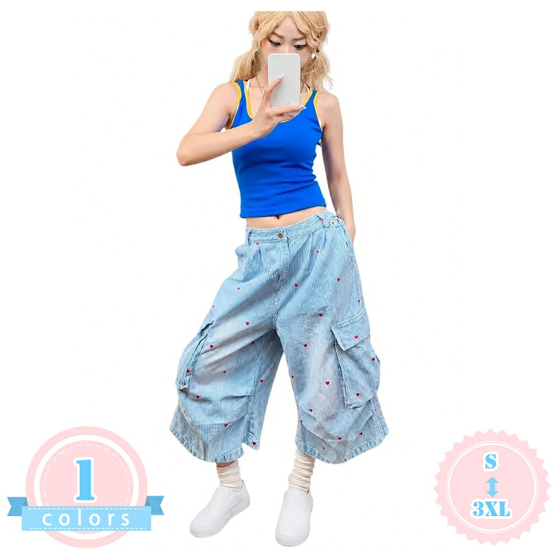 ワイドパンツ メンズ ハーフパンツ ゆったり 膝丈 ストライプ ハート柄 デニム 大きいサイズ ストリート カジュアル ワーク 5分丈 ds-store｜DSショップ