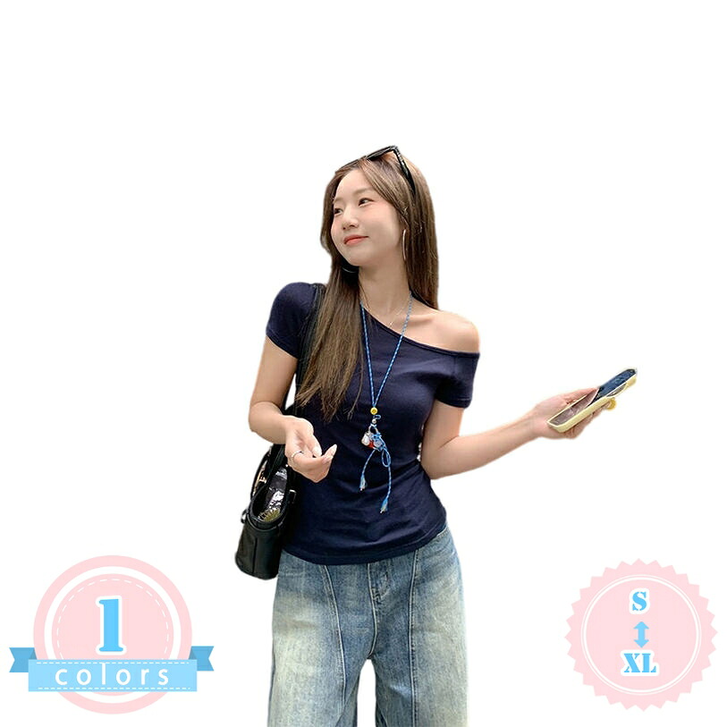 カットソー レディース 半袖 襟なし 肩出し トップス 体型カバー スリム ギャザー ワンショル Tシャツ 無地 伸縮性 デート お出かけ お洒落 夏物 ds-store|DSショップ