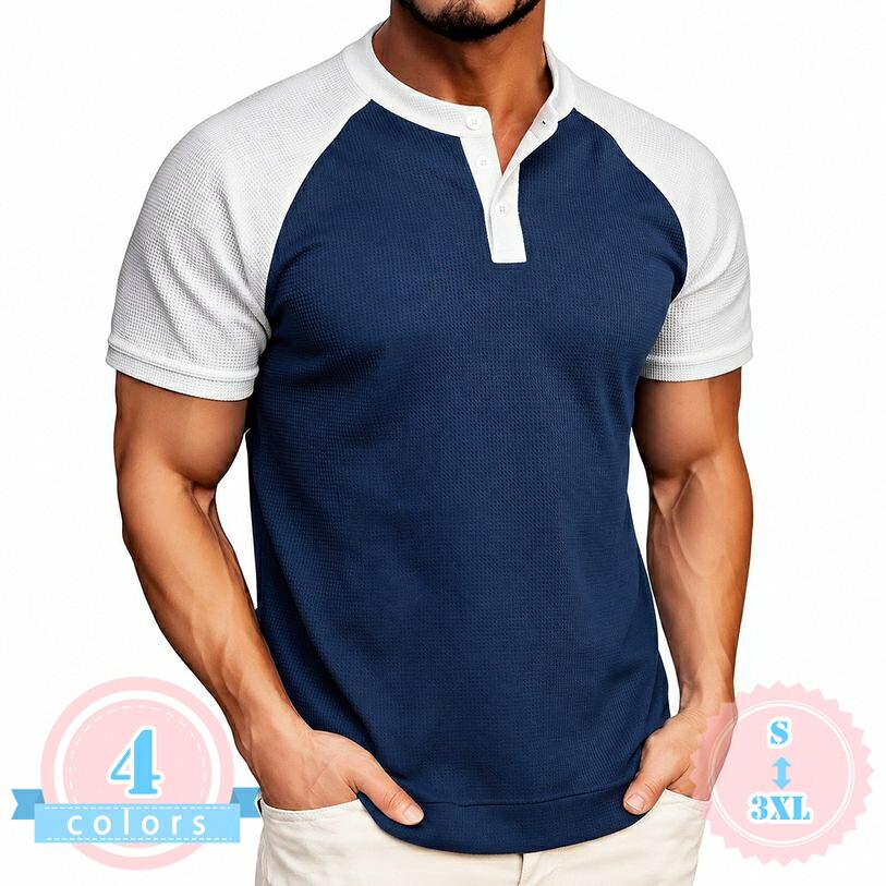 体型カバー Tシャツ メンズ 半袖 ヘンリーネック ワッフル 切り替え ラグラン カットソー 無地 トップス カジュアル ウエア おしゃれ ゆったりサイズ 春夏 ds-store|DSショップ