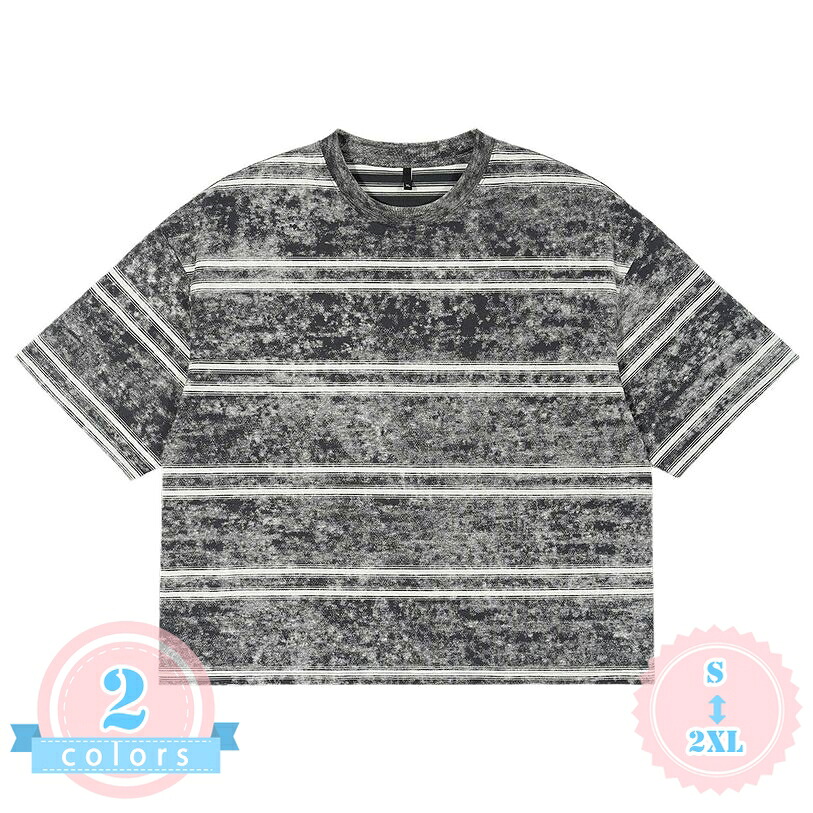 ボーダー tシャツ メンズ 半袖 ゆったり 着痩せ見え オーバーサイズ ウォッシュ加工 レトロ ストリート 丸首 五分袖 インナー 重ね着 通学 デイリー 大きいサイズ ds-store｜DSショップ