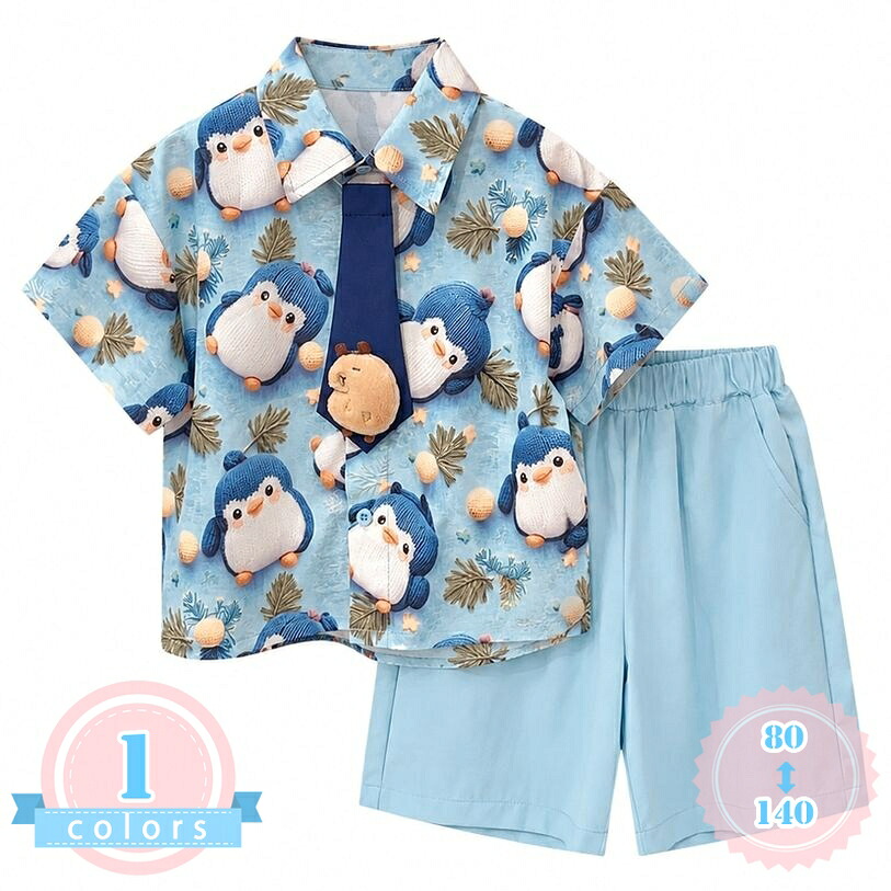 子供服 男の子 セットアップ 夏 半袖 開襟シャツ ショートパンツ 2点上下セット アニマル柄 ペンギン かわいい ベビー服 トップス ボトムス かっこいい おしゃれ 旅行 お出かけ ゆったりサイズ 体型カバー ds-store｜DSショップ