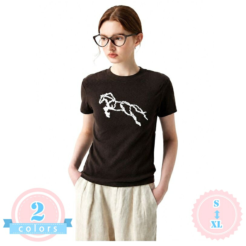 半袖 Tシャツ レディース クルーネック スリム 細見え 刺繍 ワンポイント ホース レトロ トップス 春夏 きれいめ カジュアル 大人 コーデ お出かけ 旅行 大きいサイズ ds-store｜DSショップ