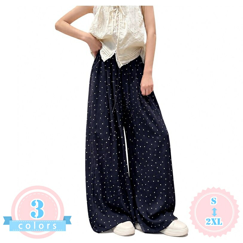 ガウチョパンツ ドット柄 レディース 着痩せ ロング丈 ワイドパンツ ゆったり 体型カバー ボトムス 夏 涼しい ウエストゴム 楽ちん 部屋着 普段着 お出かけ 旅行 小さいサイズ 大きいサイズ 大人カジュアル ds-store|DSショップ