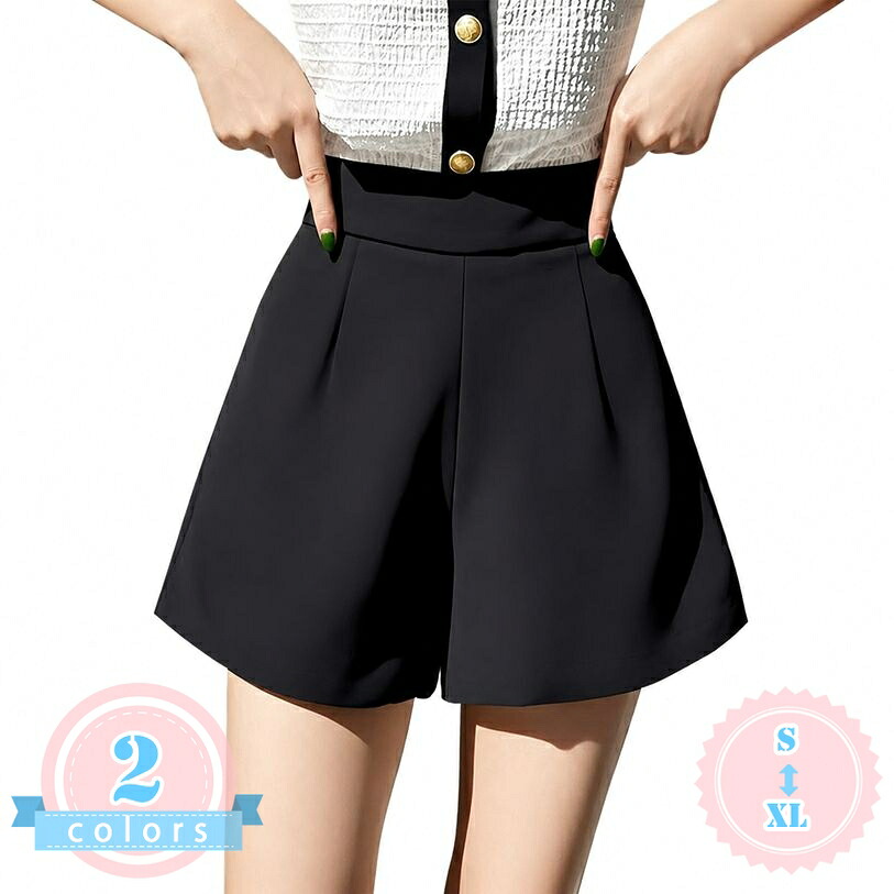 ハーフパンツ レディース きれいめ ショートパンツ ハイウエスト Aライン 膝上 ワイドシルエット 着痩せ 体型カバー 短パン 無地 カジュアル オフィス 通勤 通学 お呼ばれ シンプル 夏服 涼しい 快適 脚長 ds-store｜DSショップ