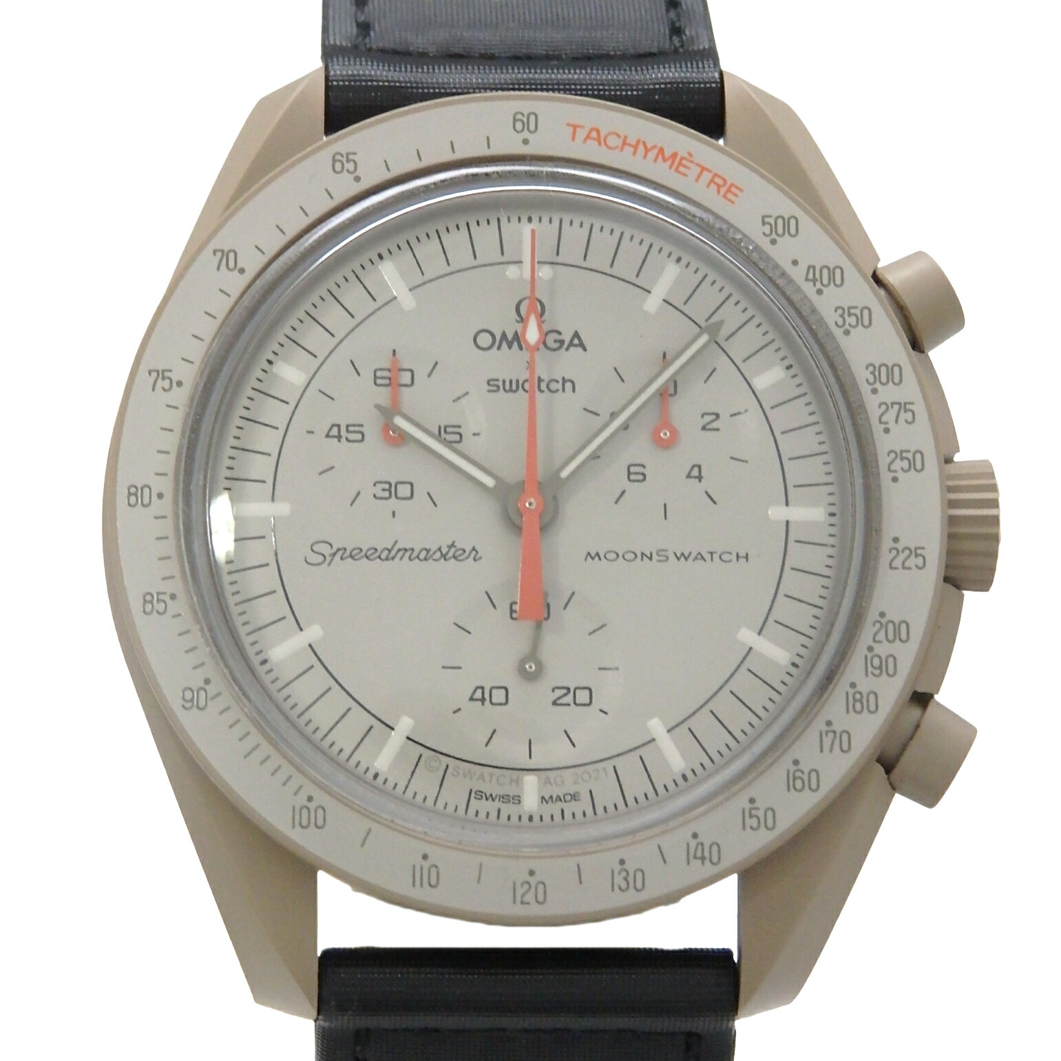 SWATCH スウォッチ オメガムーンウォッチ ミッショントゥジュピター S033C100 SO33C100 バイオ陶芸 メンズ 石英 薄墨色 ベージュ文字記号盤 【中古】【DS KATOU】