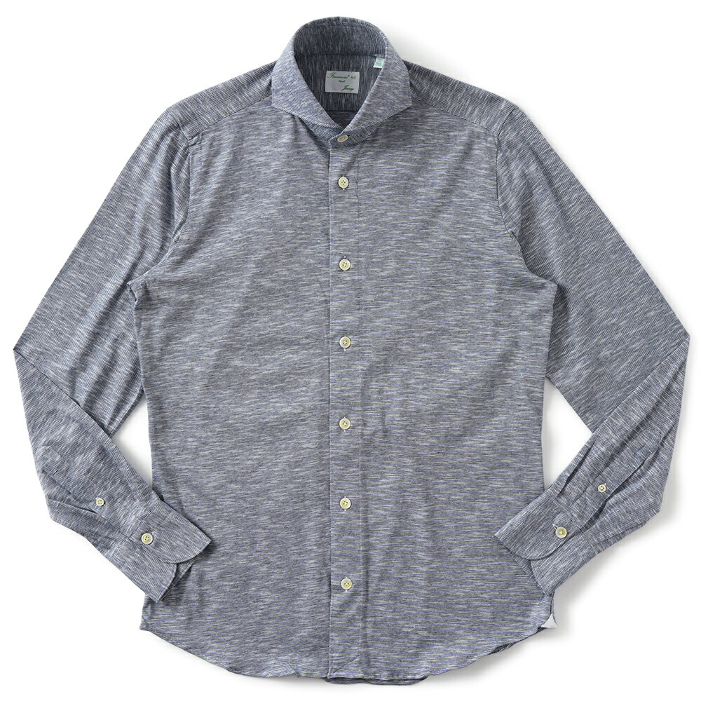 Finamore フィナモレ SERGIO DENVER/180070 M0652J コットン・レーヨン・ヘンプ ジャージ ボーダー カッタウェイカラーシャツ NAVY