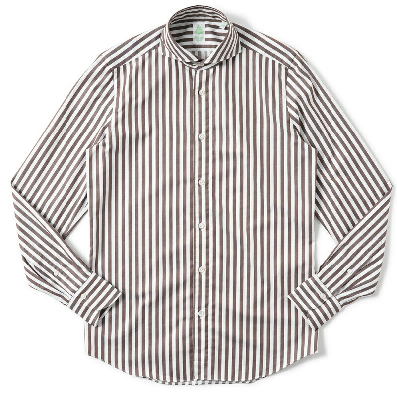 Finamore フィナモレ SERGIO BARI/460110 C0510E コットン ブロックストライプ カッタウェイカラーシャツ WHITE×BROWN