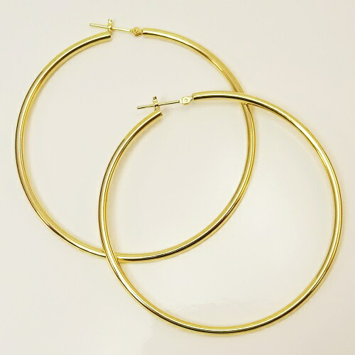 K18 イエローゴールド パイプ フープピアス 2mm×55mm メンズ レディース (18金/18k/ゴールド製) リング 両耳|dyna jewelry