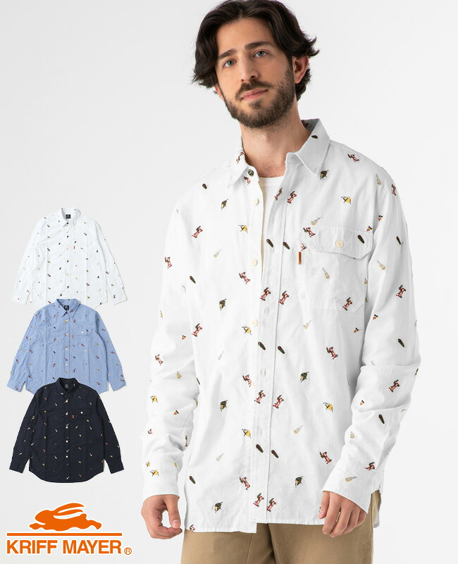 楽天市場 ブランド直営 総柄刺繍長袖シャツ メンズ シャツ 長袖 レギュラーカラー とび刺繍 おしゃれ 綿 コットン100 春 羽織り アメカジ カジュアル Kriff Mayerクリフメイヤー 21ss Kriff Mayer 直営ショップ Alex