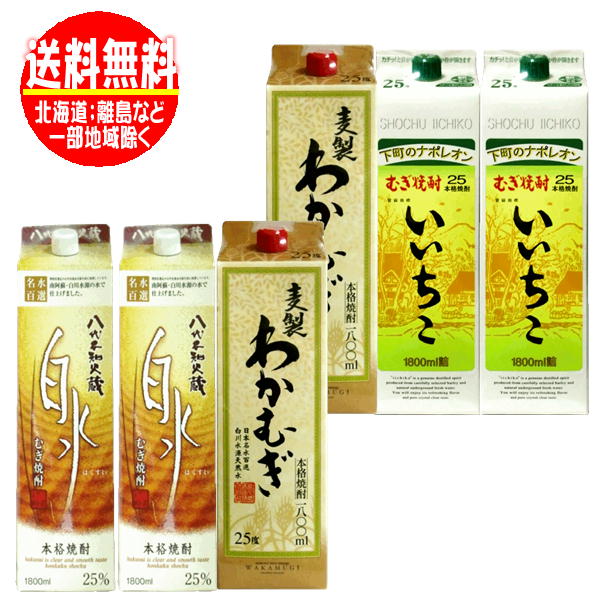 九州麦焼酎飲み比べセットB 25度 1800mlパック×6本 送料無料 いいちこ・わかむぎ・白水 飲みくらべ のみくらべ 宮崎 熊本 大分