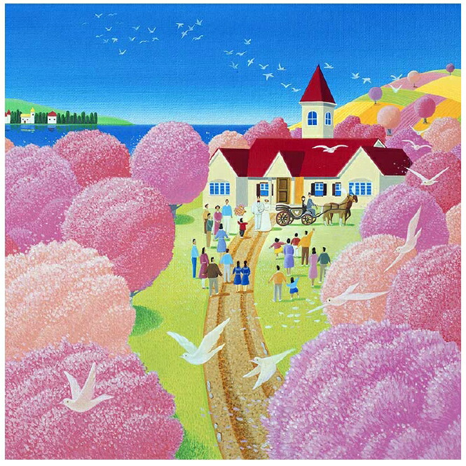 壁掛けアート アートパネル イラストレーター 高橋宣孝 絵画 イラスト たかはしのぶたか 風景イラスト 風景画 桜に囲まれ赤い屋根の教会での結婚式