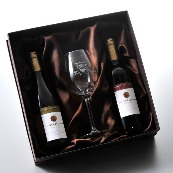 名入れ ギフト SXX 酒セット 銘柄おまかせワイン 375ml 赤ワイン 白ワイン 2点 & おまかせワイングラス 布張りBOX入り
