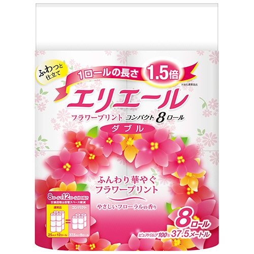 大王製紙 トイレットティシューフラワープリントコンパクトW芯有 37.5m香り付 1セット(96ロール:8ロール×12パック)(4902011122954 x12) 目安在庫\u003d○
