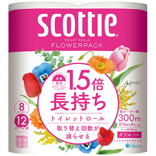 日本製紙クレシア スコッティフラワーパック1.5倍長持ちダブル芯有37.5m 香付 1セット(64ロール:8ロール×8パック)(4901750263508 x8) 目安在庫\u003d○