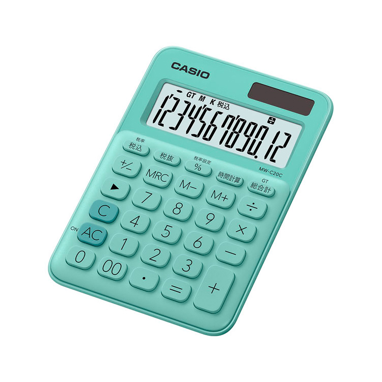 楽天市場 ミニジャスト型カラフル電卓 Mw Cc Gn N カシオ Casio ミントグリーン 緑 12桁表示 税計算 時間計算 2電源 ソーラー 電卓 E Bloom