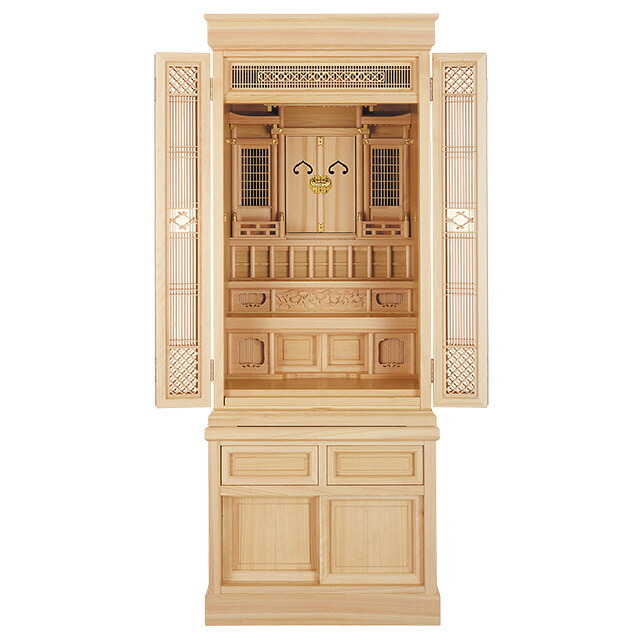 数霊システム II（kS-02）即購入大歓迎 楽天市場】祖霊舎 神徒壇 引き戸高台タイプ 50号(杜印) 神具セット付き