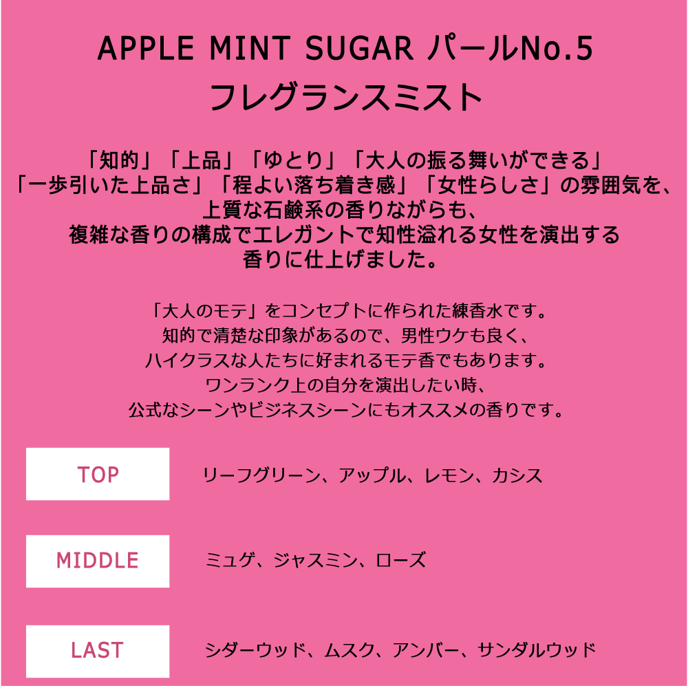 楽天市場 Apple Mint Sugar Pearl No 5 Fragrance Mist 正規品 アップルミントシュガー パール ナンバーファイブ フレグランスミスト 香水 強すぎない モテ香水 赤ちゃんの香り 大人の女性 Cocoma