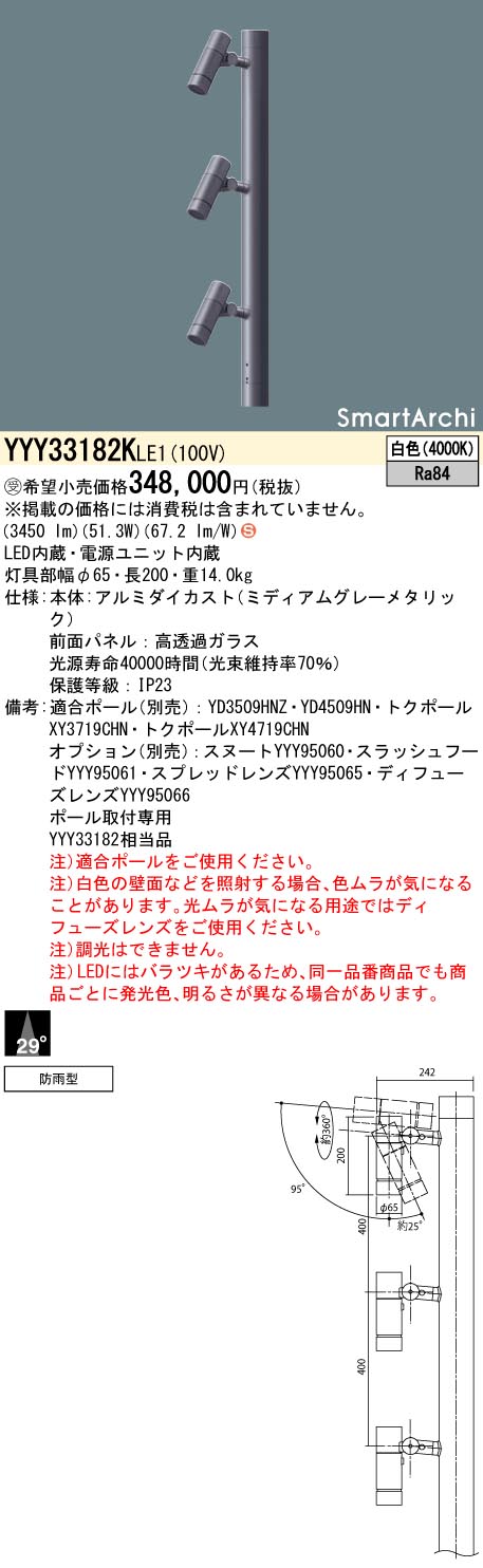 【法人様押さえる】パナソニック YYY33182K LE1 LED注目の的 極点滑りだし型 光束角29度・3灯用手合い 防雨型 SmartArchi ダイアログボックス付型 白いこと【受注品】