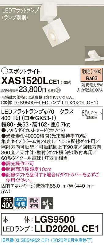 【法人様押さえる】パナソニック XAS1520LCE1 LED注目の的 白熱電球色 導線導管打っ付け型 アルミダイカストセード 集光【LGS9500 + LLD2020L CE1】